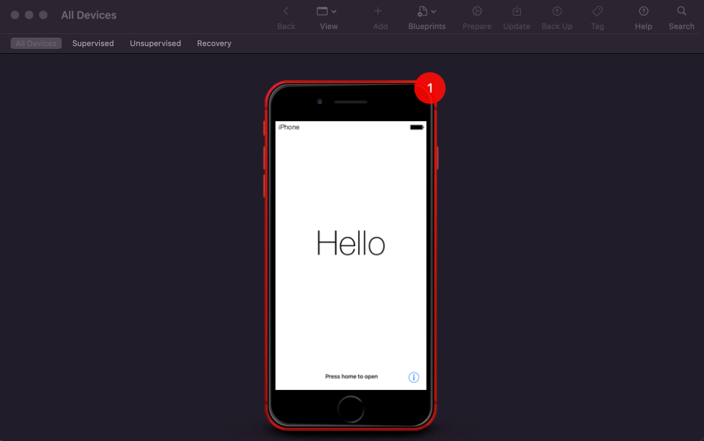 Apple Configurator 2에 표시된 Hello 화면의 iPhone