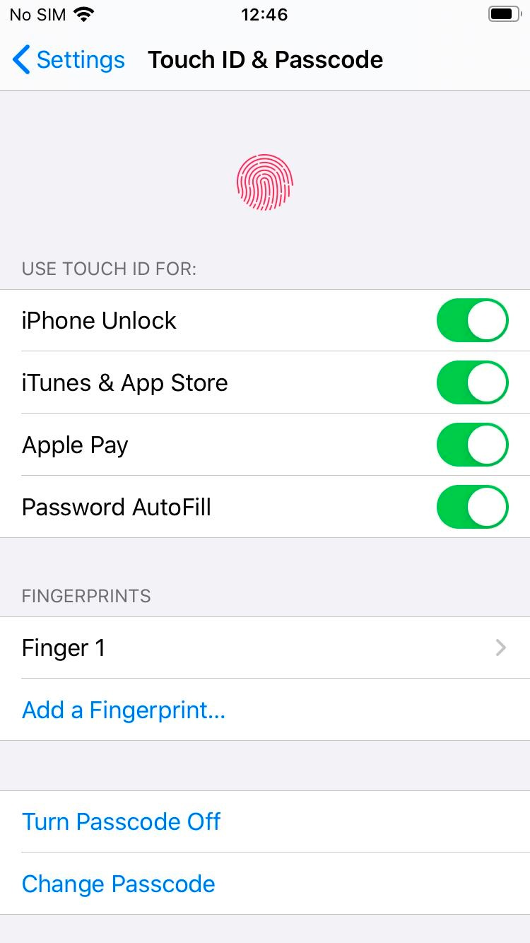Touch ID & Passcode 설정 화면